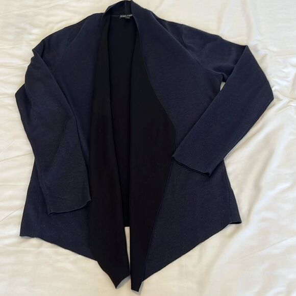 Eileen Fisher szM blue outside black inside open draped front cardigan EUC - Picture 3 of 11